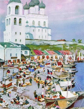 près de la pskov cathédère 1917 Konstantin Yuon scènes de la ville de paysage urbain Peinture à l'huile